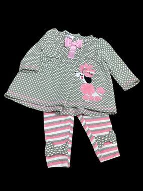 Grey/Pink 2 Piece Polka Dot Print Outfit w/ Poodle Applique & Bow Details